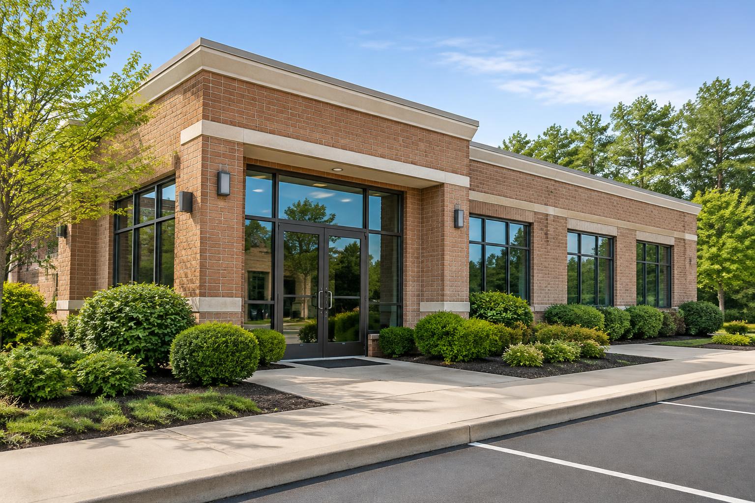 A well-maintained commercial property with a brick exterior and glass entry
